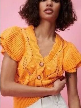 Zara light orange  Open-Knit Short Sleeve cotton Cardigan